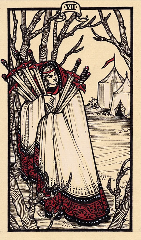 The 7 of Swords tarot card; a man stealing seven swords, illustrated with some red-coloured highlights.